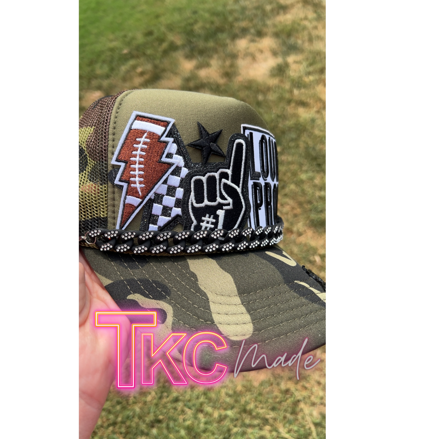 Green Camo Football Mama black trucker hat custom player number option and bling chain