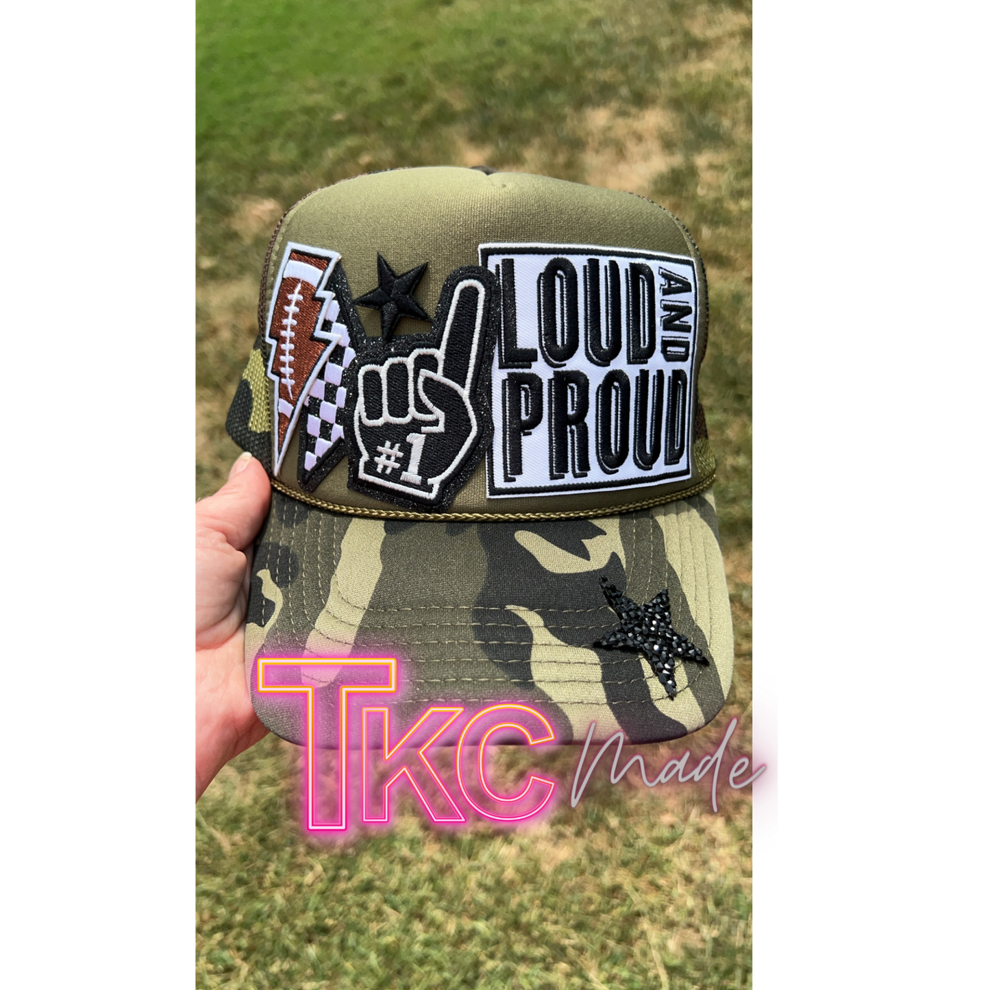Green Camo Football Mama black trucker hat custom player number option and bling chain
