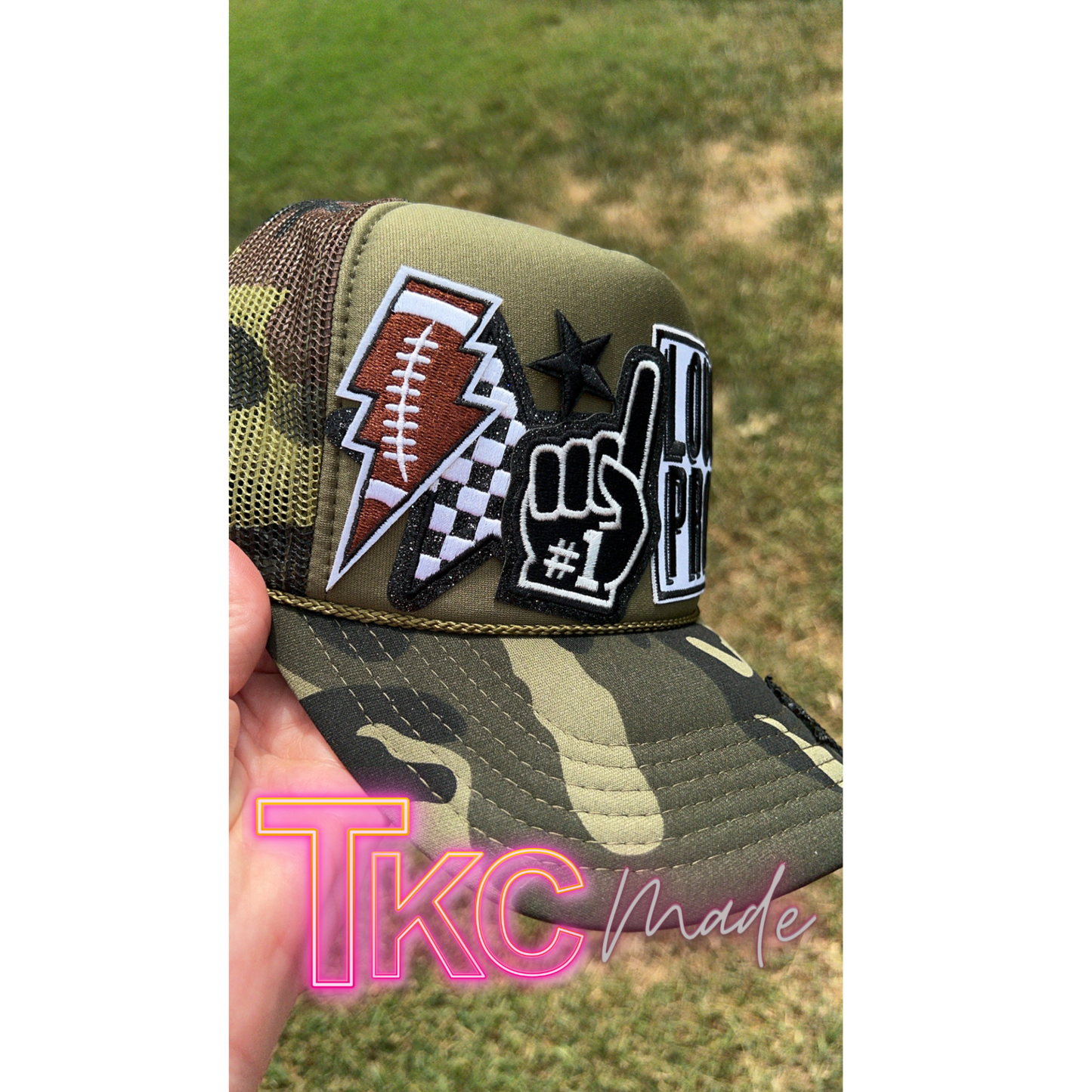 Green Camo Football Mama black trucker hat custom player number option and bling chain