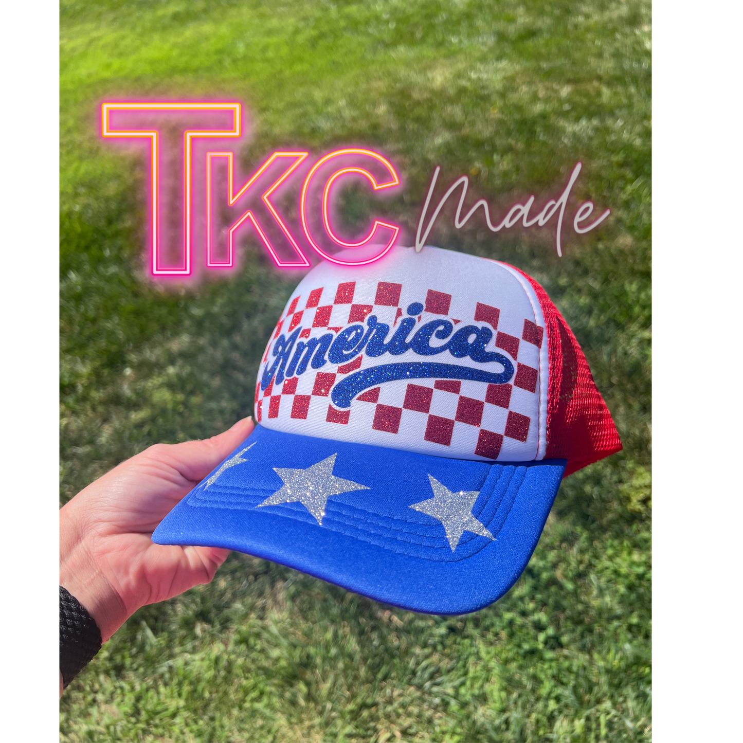 America checkered glitter trucker hat- Blue bill with red mesh back