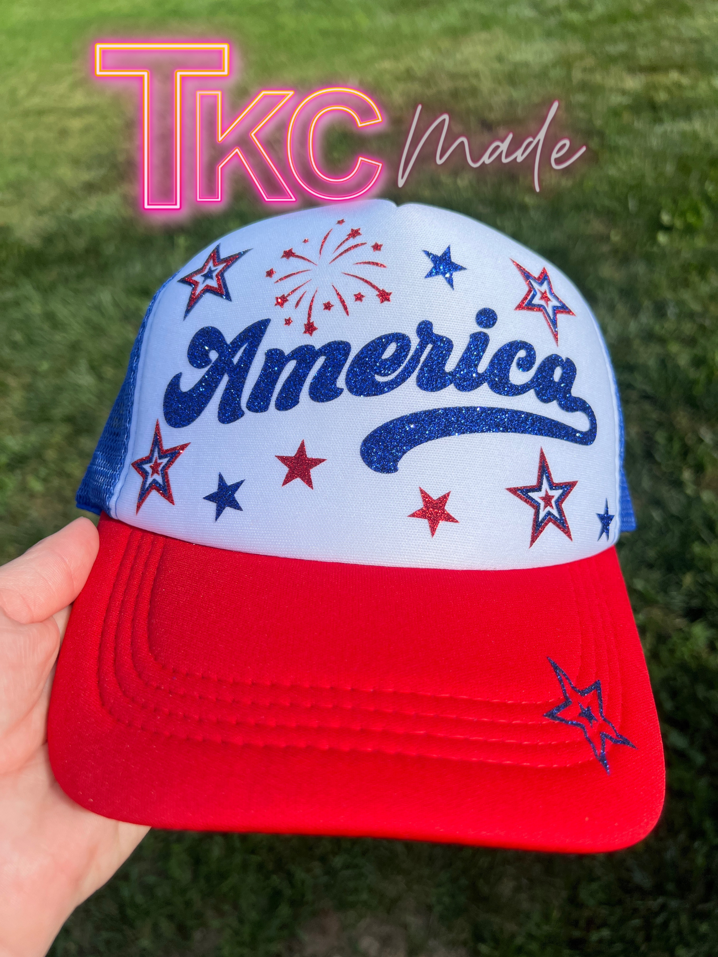 America glitter trucker hat- red bill with blue mesh back