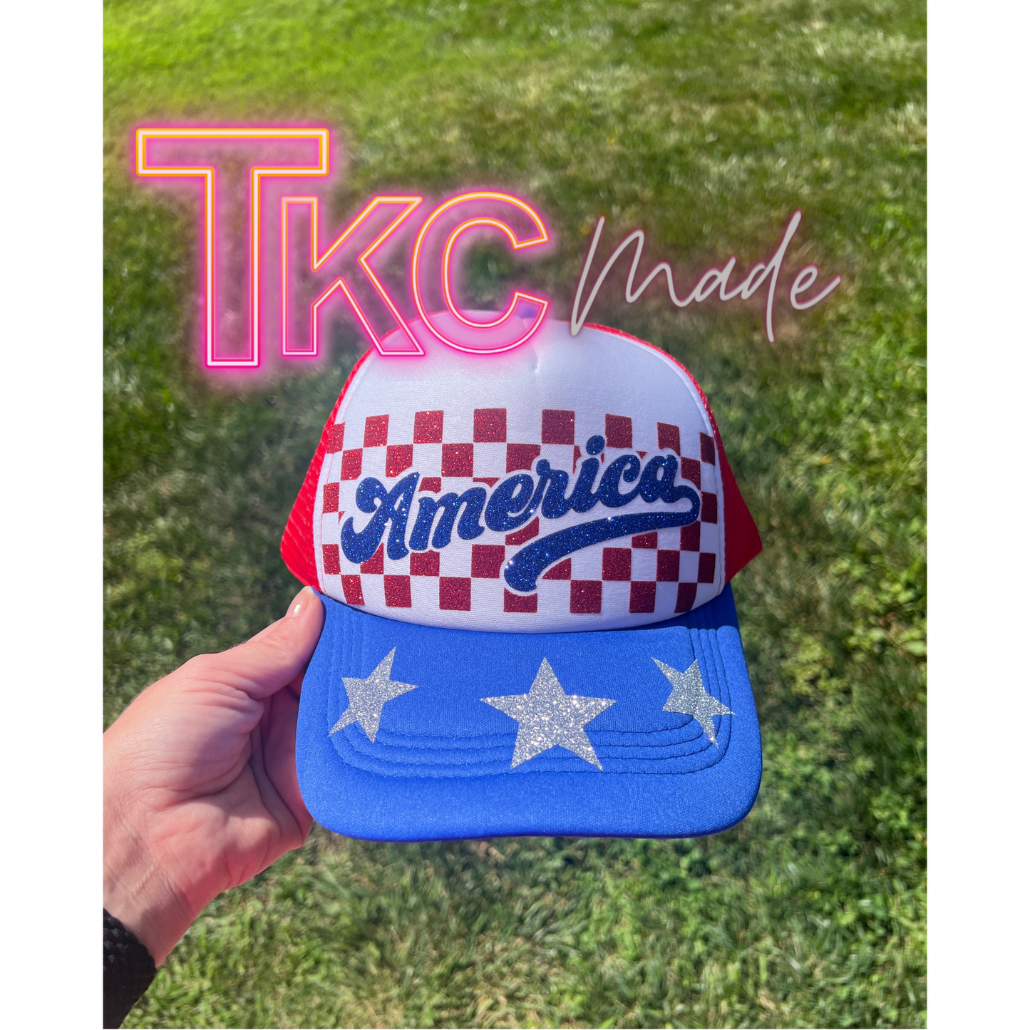 America checkered glitter trucker hat- Blue bill with red mesh back