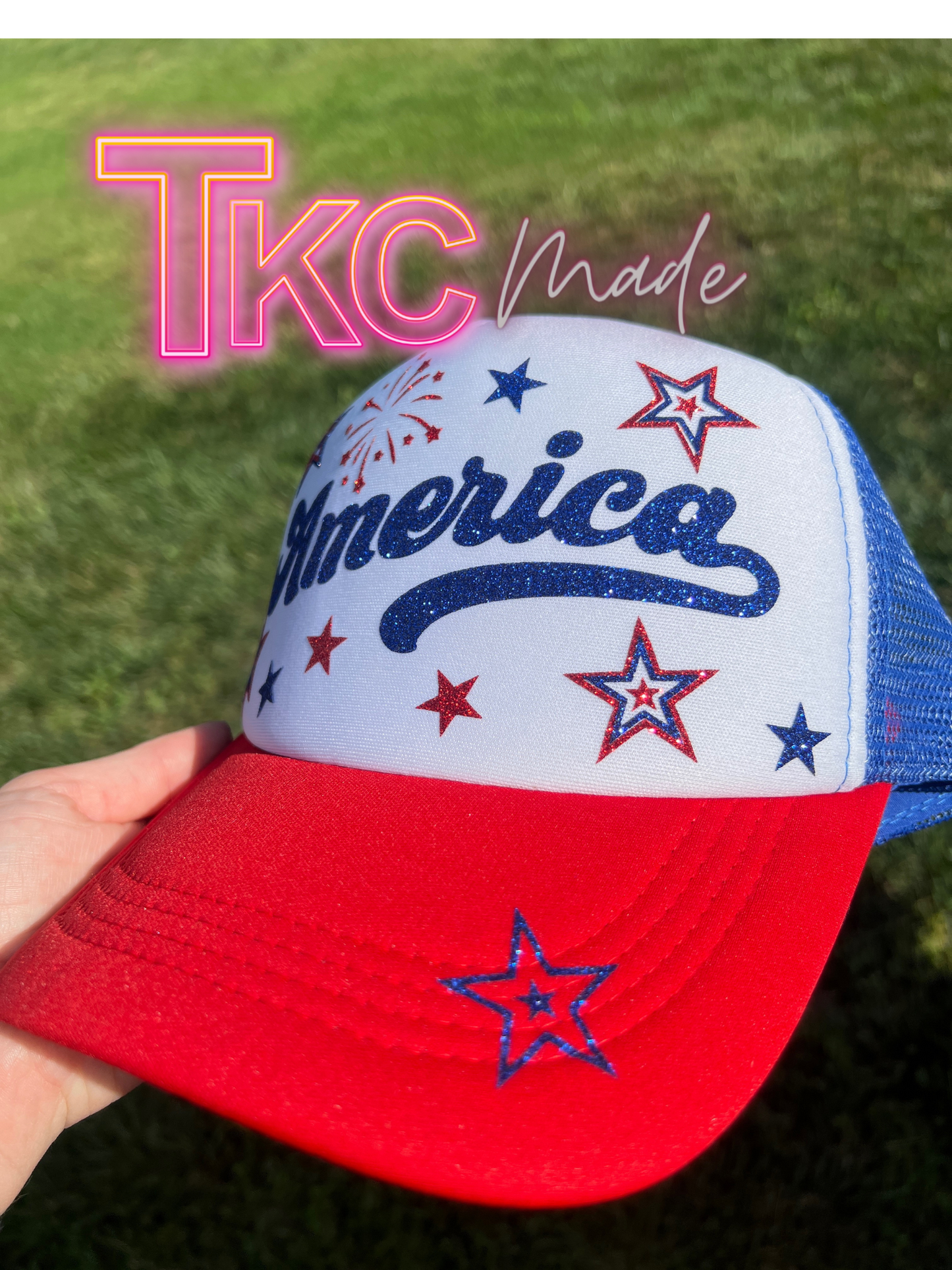 America glitter trucker hat- red bill with blue mesh back