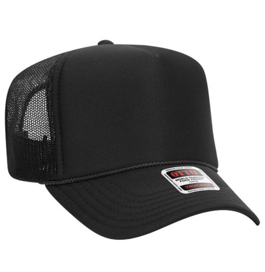 Black trucker cap with mesh back on a white background