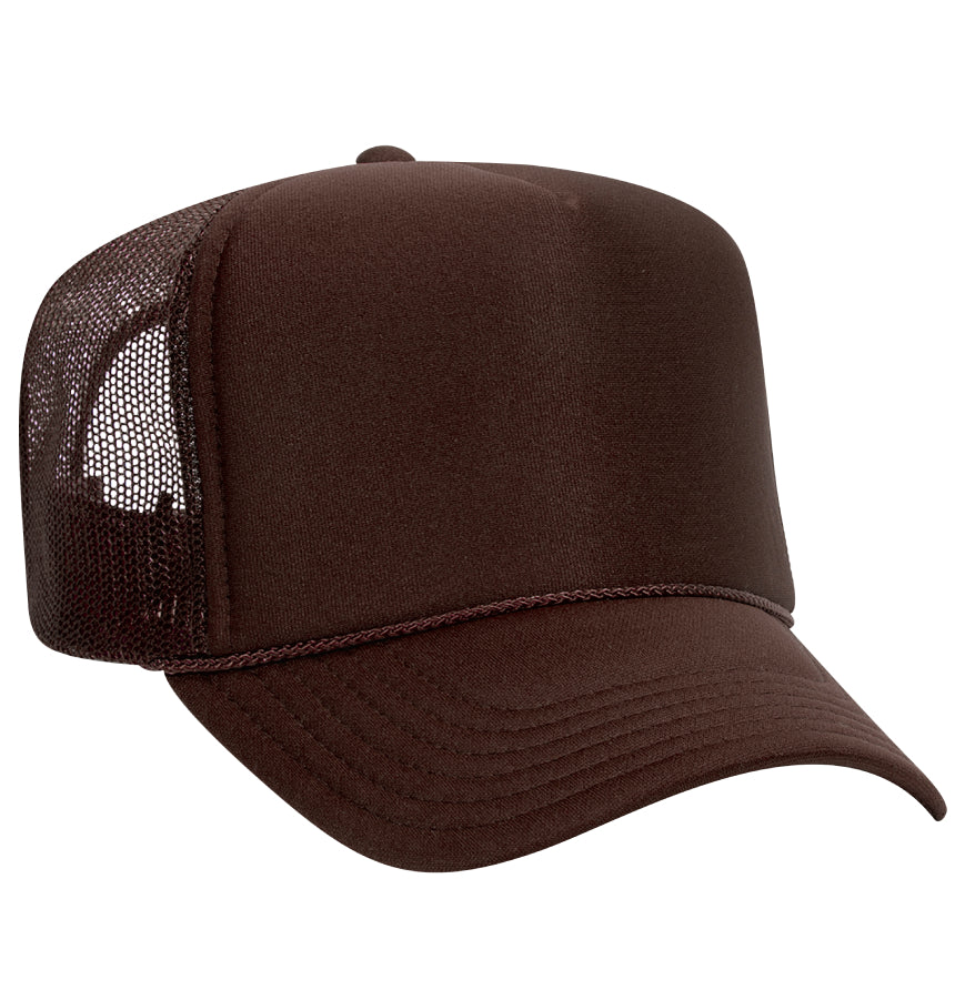 Brown trucker cap with mesh back on a white background