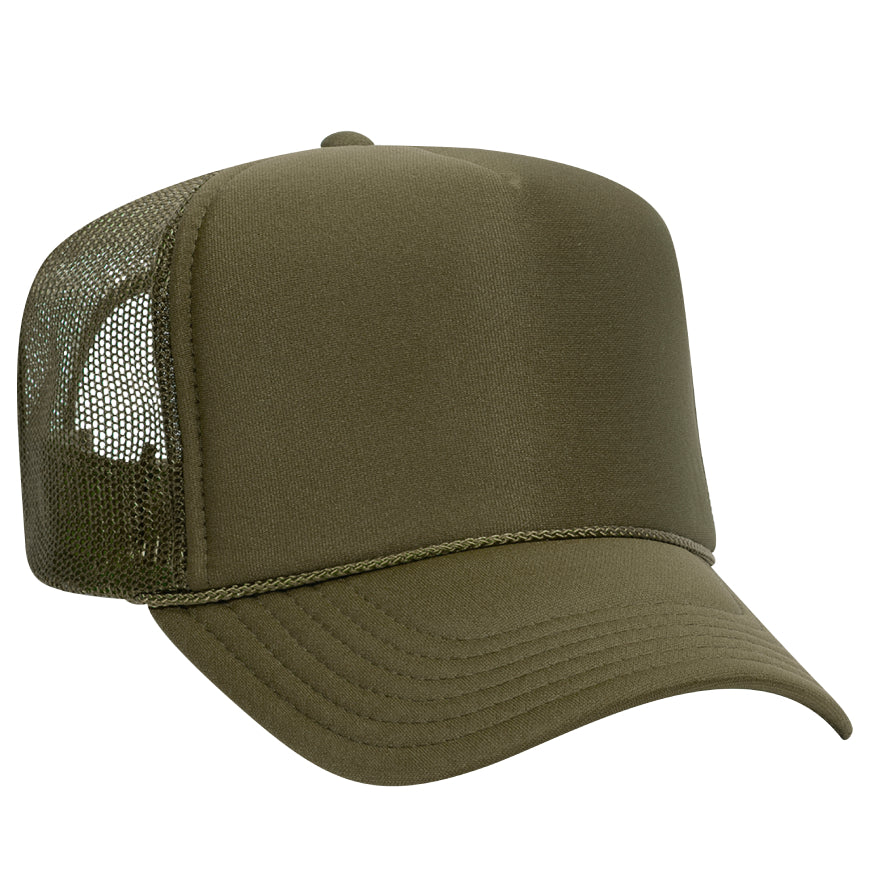 Olive green trucker cap with mesh back on a white background