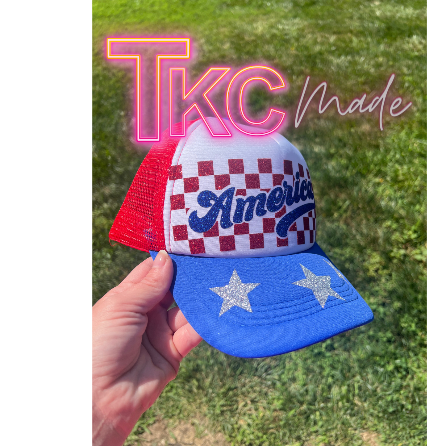 America checkered glitter trucker hat- Blue bill with red mesh back
