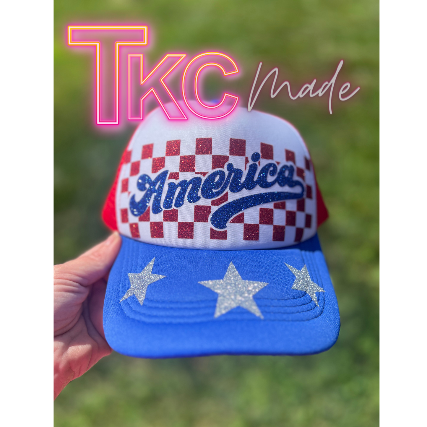 America checkered glitter trucker hat- Blue bill with red mesh back