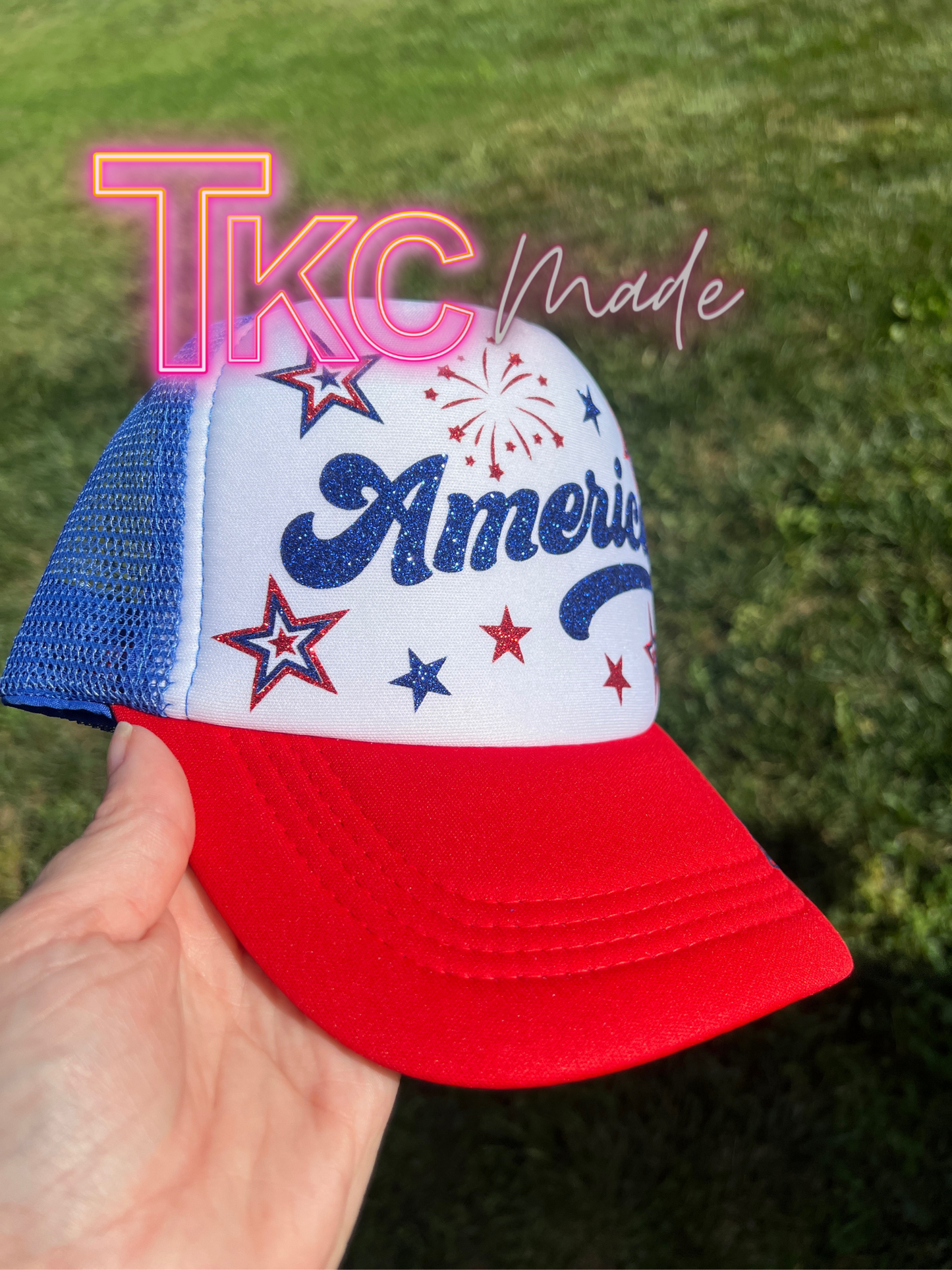 America glitter trucker hat- red bill with blue mesh back