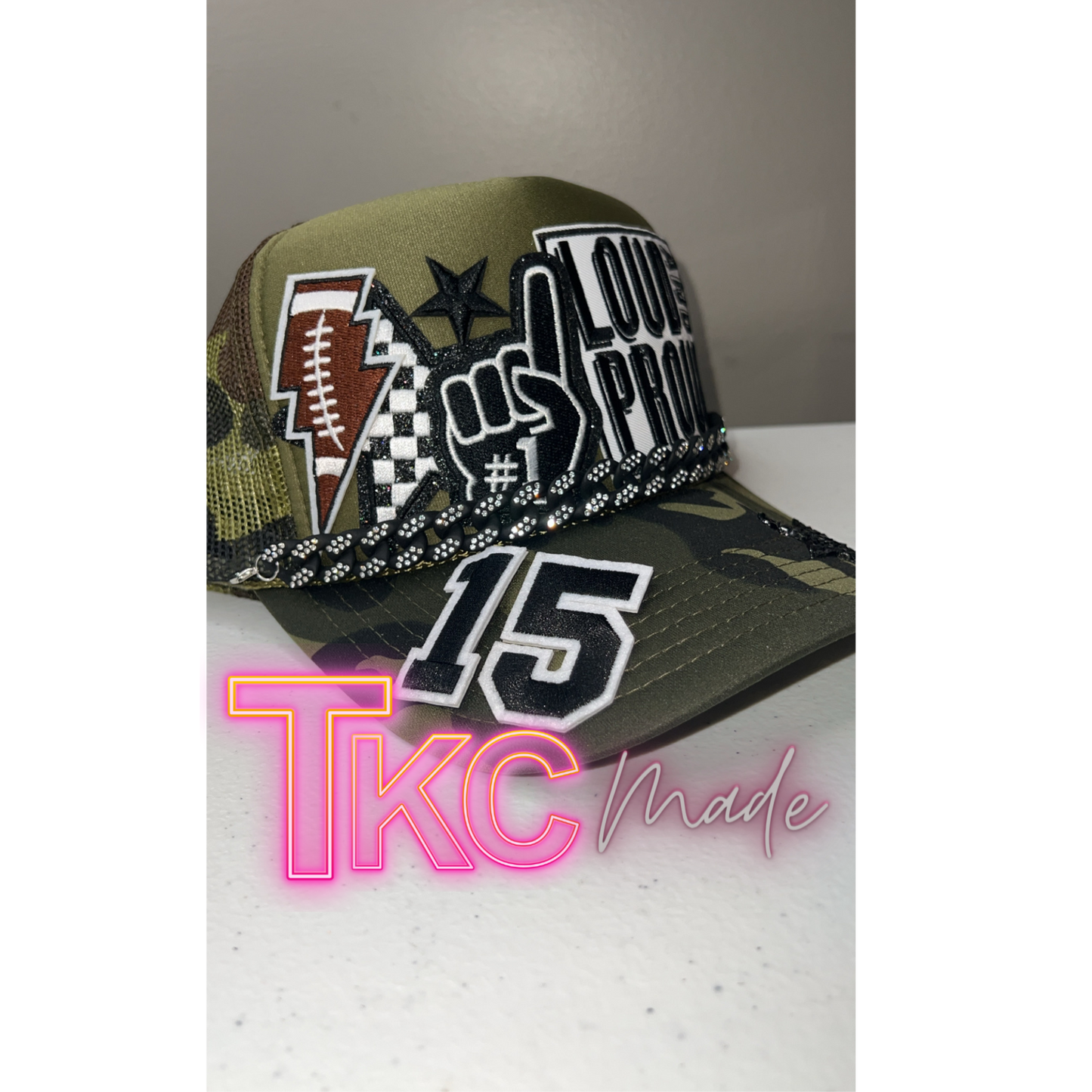 Green Camo Football Mama black trucker hat custom player number option and bling chain