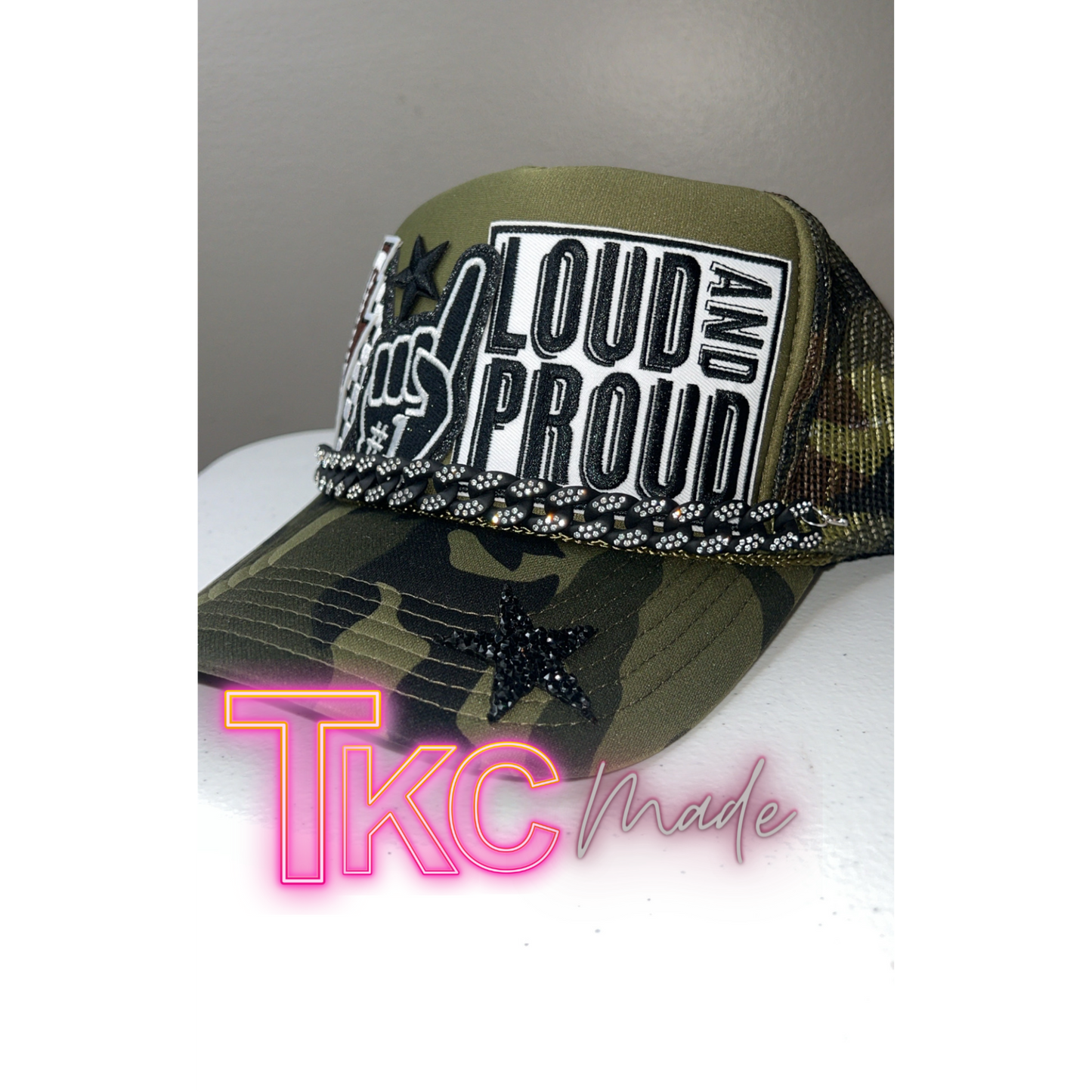 Green Camo Football Mama black trucker hat custom player number option and bling chain