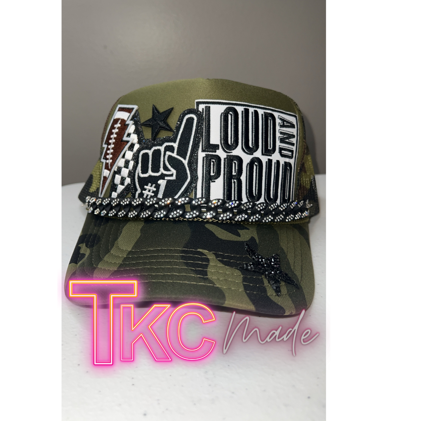 Green Camo Football Mama black trucker hat custom player number option and bling chain