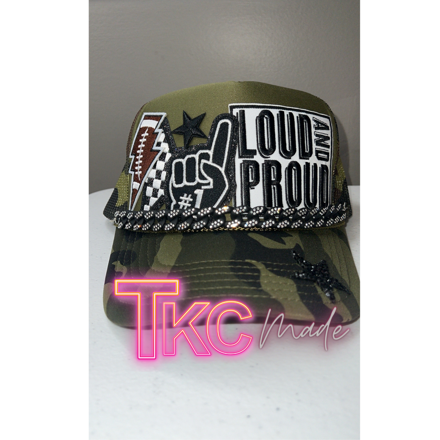 Green Camo Football Mama black trucker hat custom player number option and bling chain