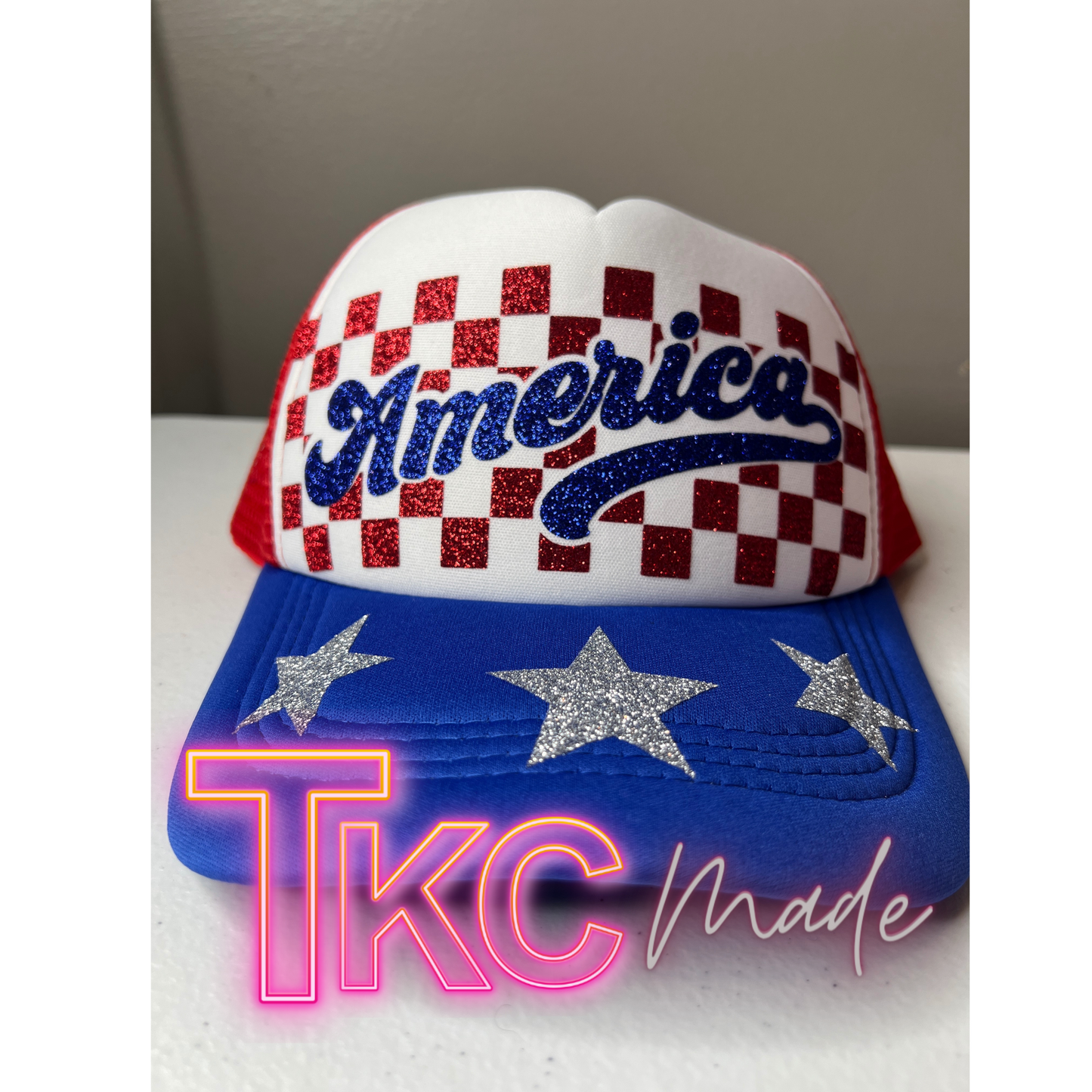 America checkered glitter trucker hat- Blue bill with red mesh back