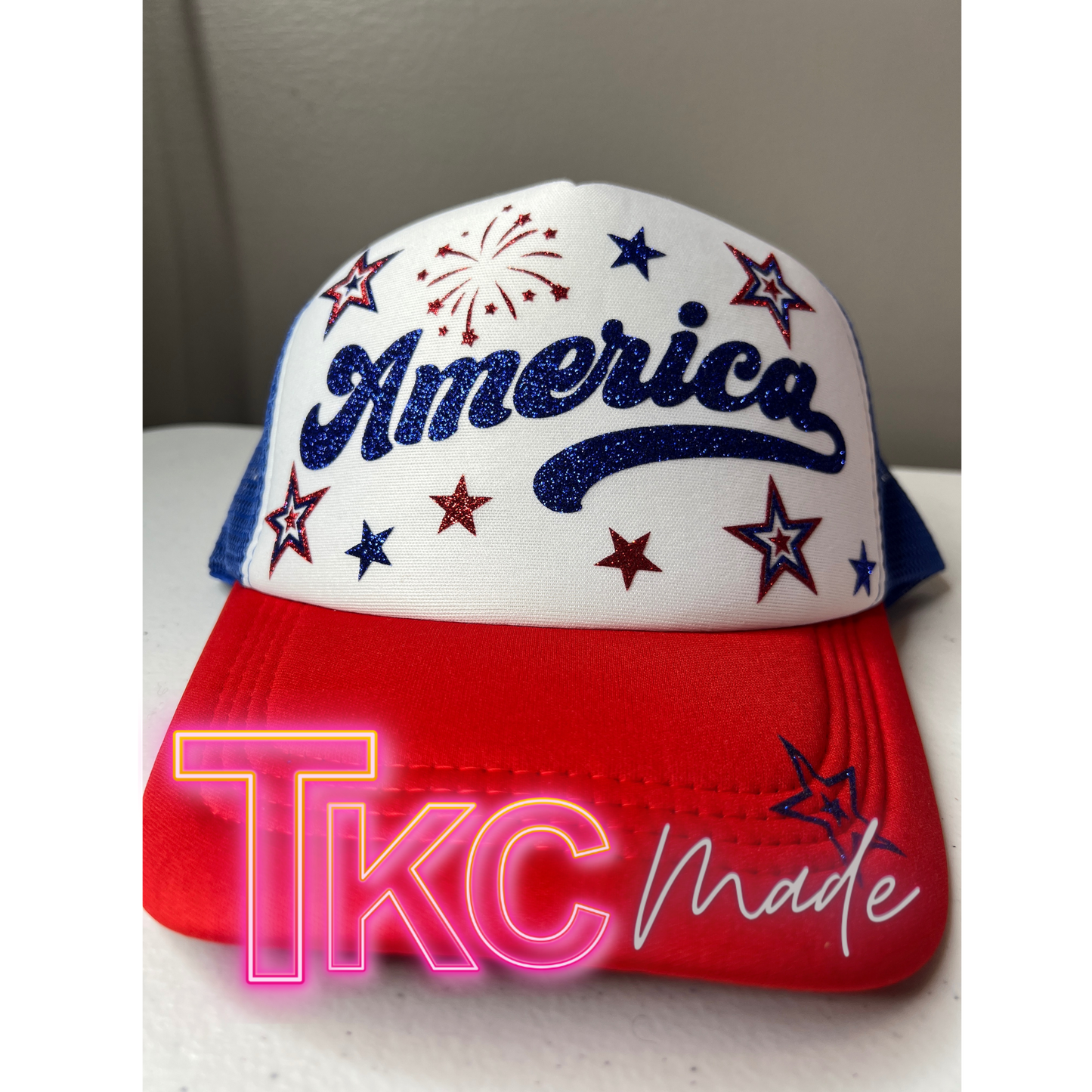 America glitter trucker hat- red bill with blue mesh back
