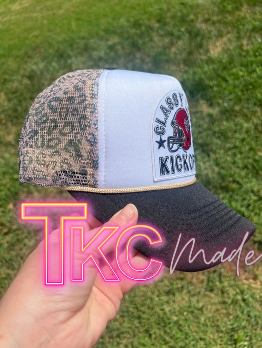 Classy until kickoff leopard print mesh back trucker hat