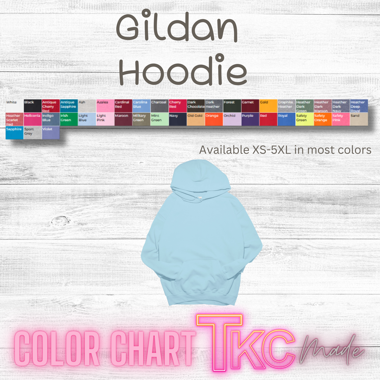 Gildan hoodie color chart with various color options.