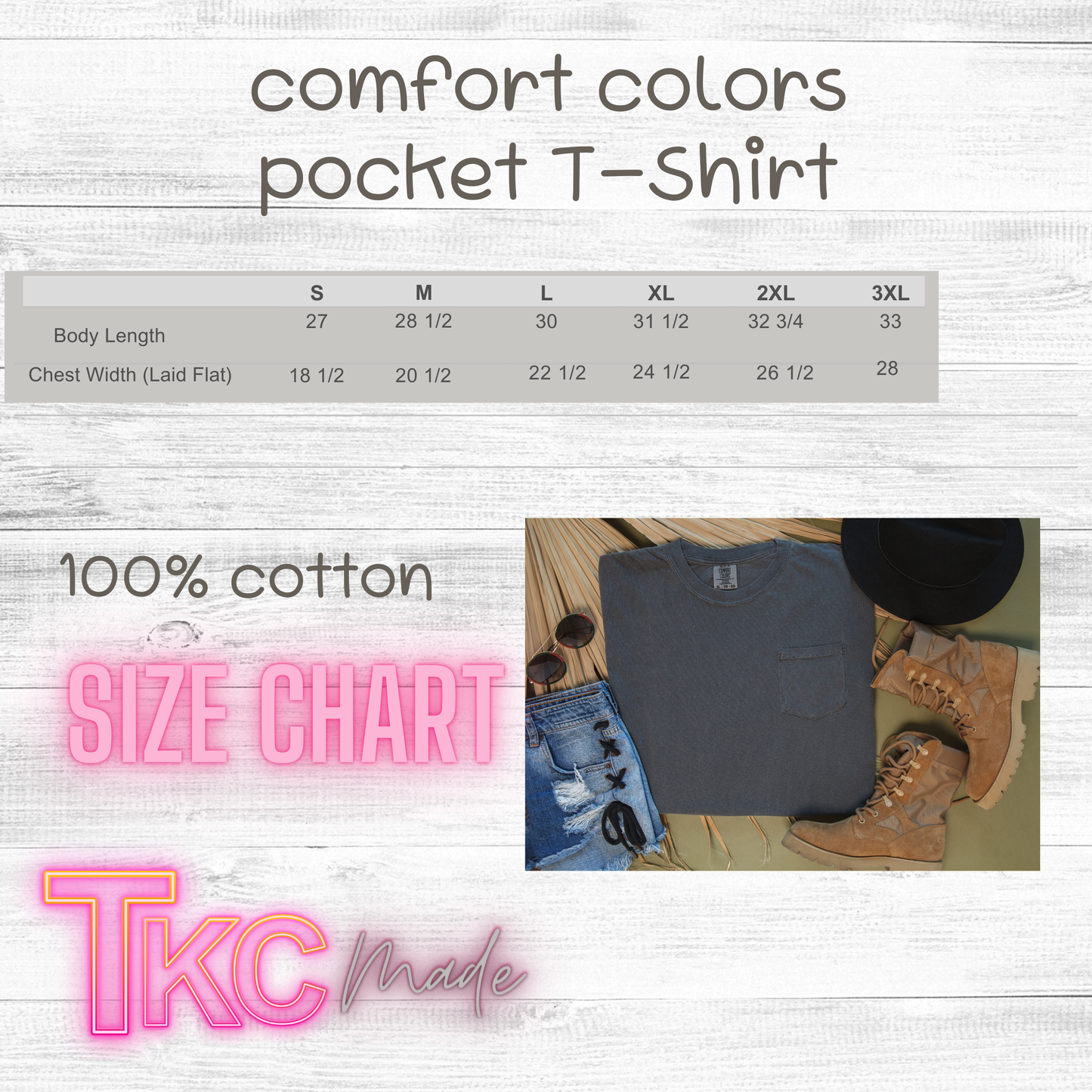 Gray pocket T-shirt with size chart and 'TKC Made' branding on a light wooden surface.