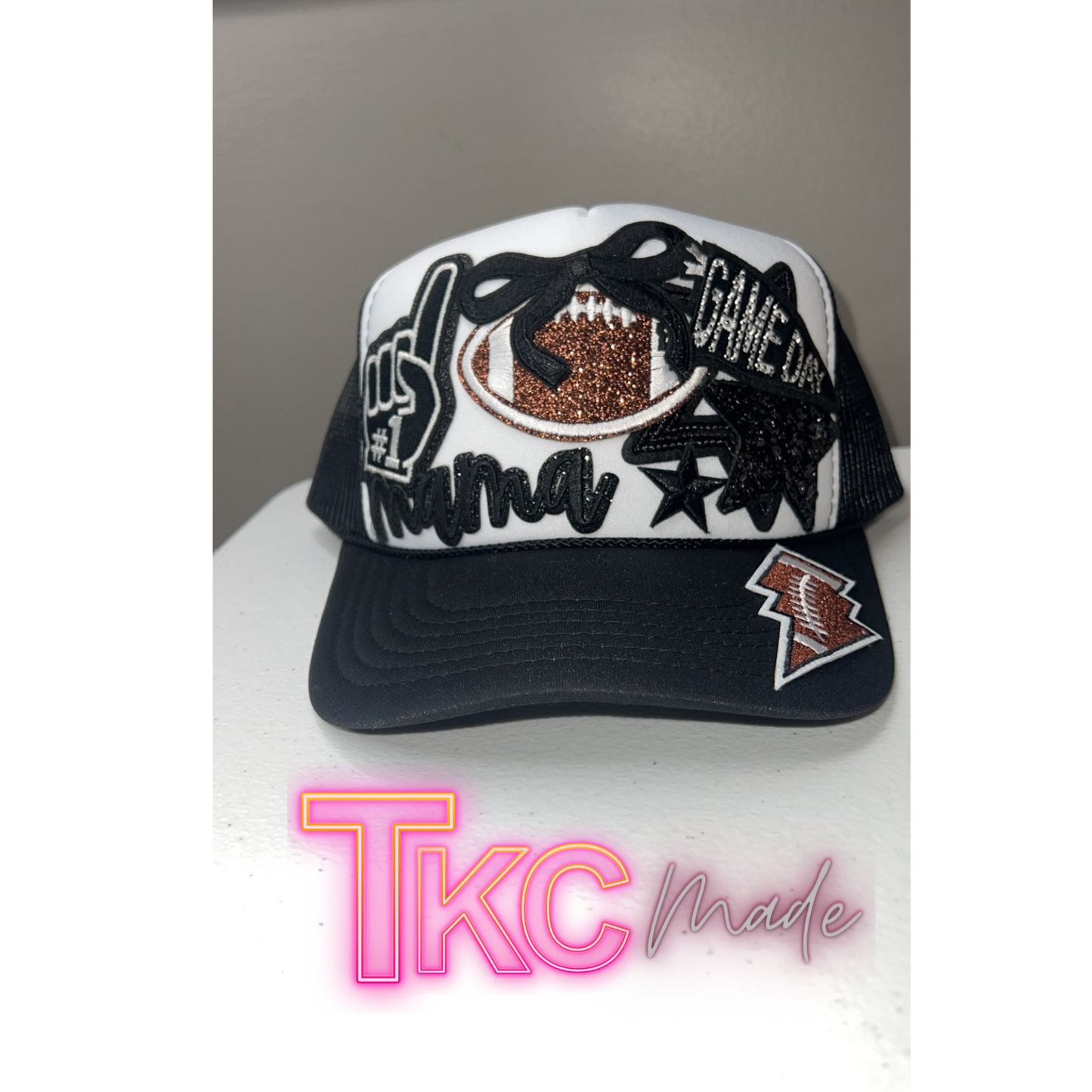 Football Mama black trucker hat custom  player number option bling hat