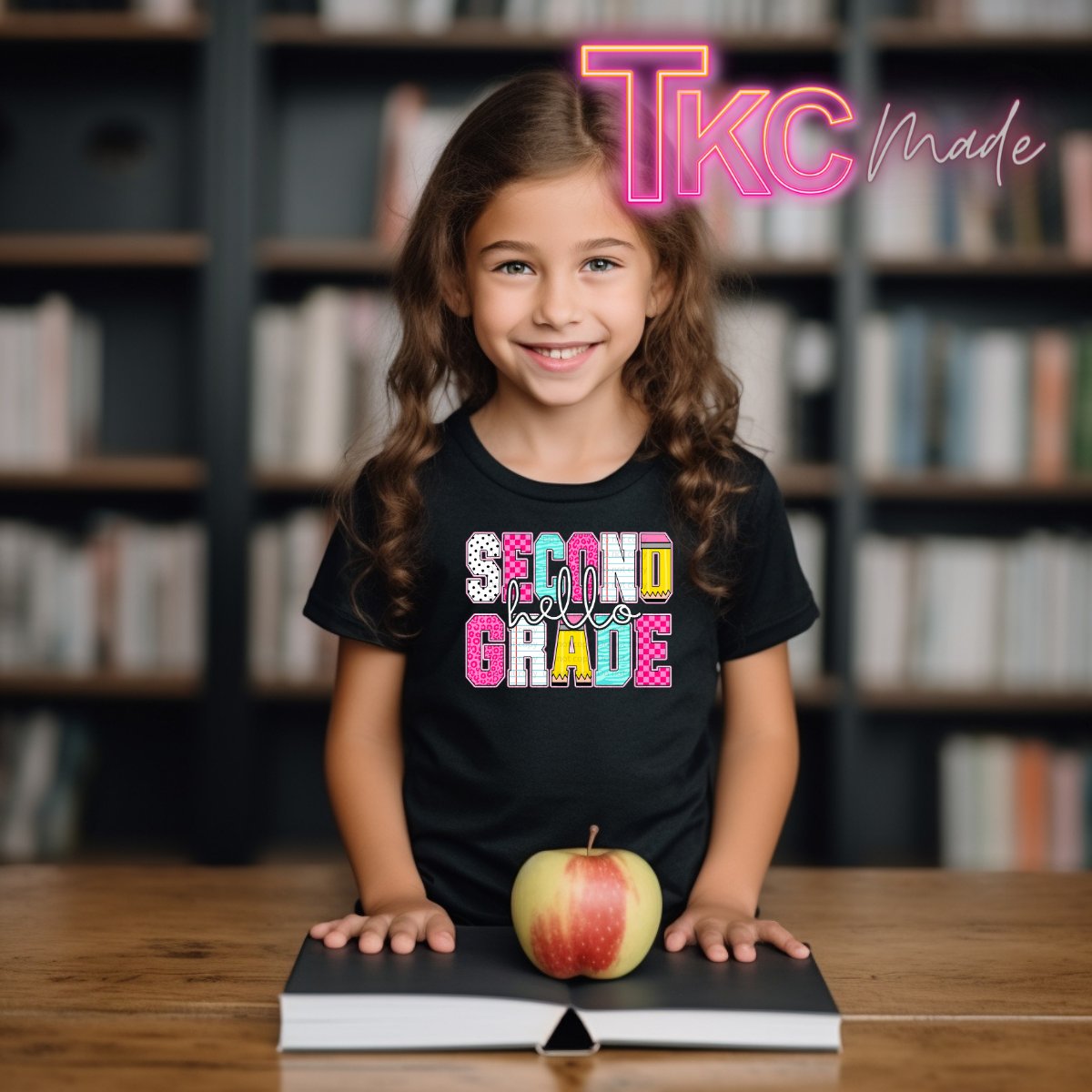 A young girl with long brown hair smiles while wearing a black t-shirt with a colorful 'SECOND Grade' graphic. She is sitting at a wooden table with an apple on top, with a blurred library background and a 'TKC Made' watermark overlay.