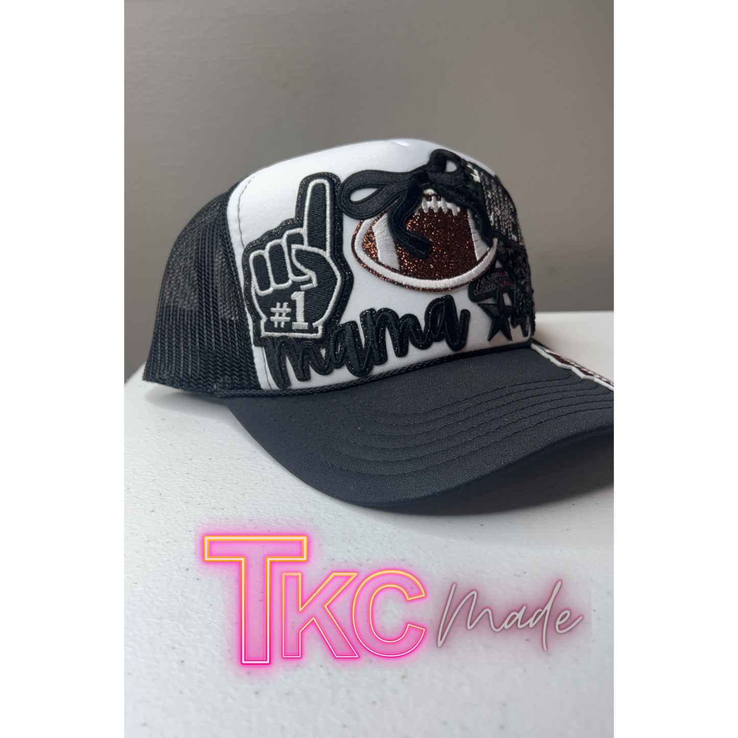 Football Mama black trucker hat custom  player number option bling hat