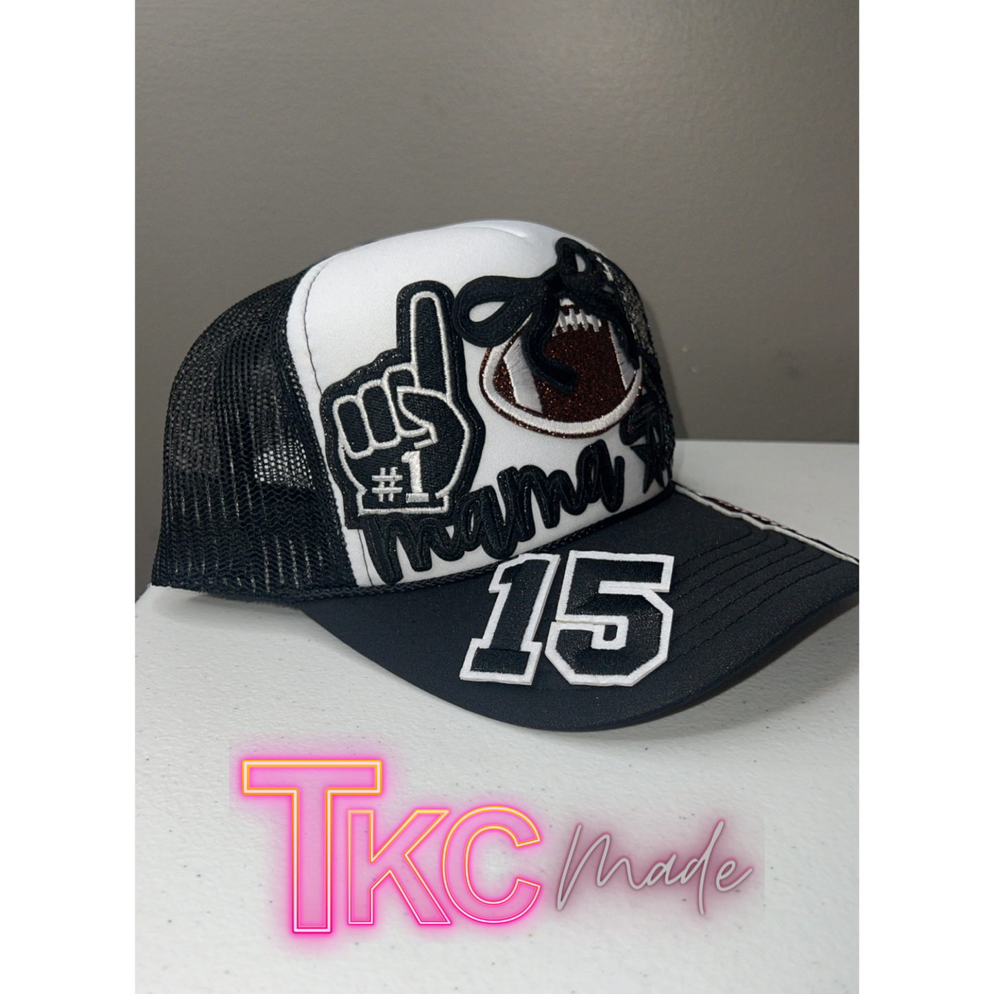 Football Mama black trucker hat custom  player number option bling hat