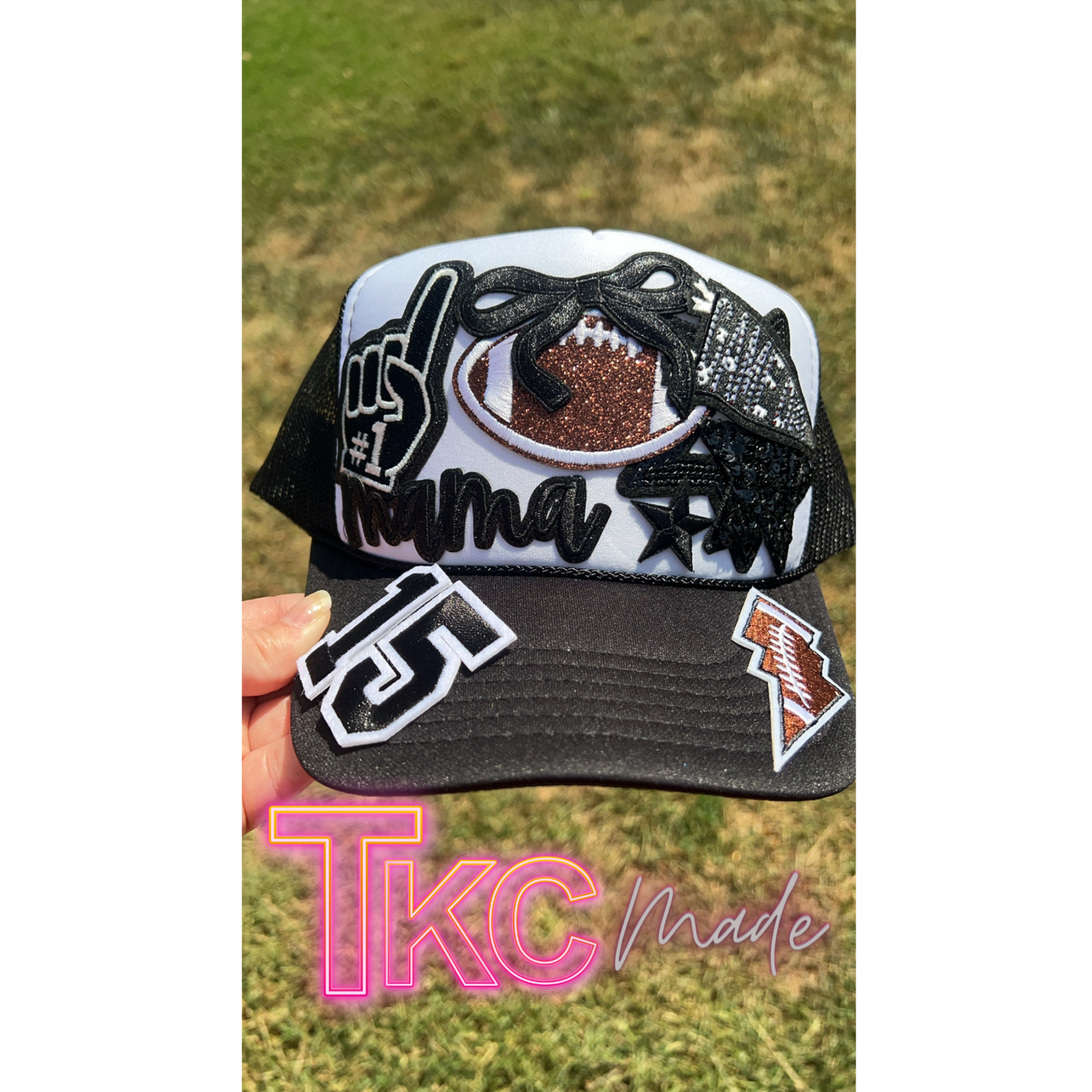 Football Mama black trucker hat custom  player number option bling hat