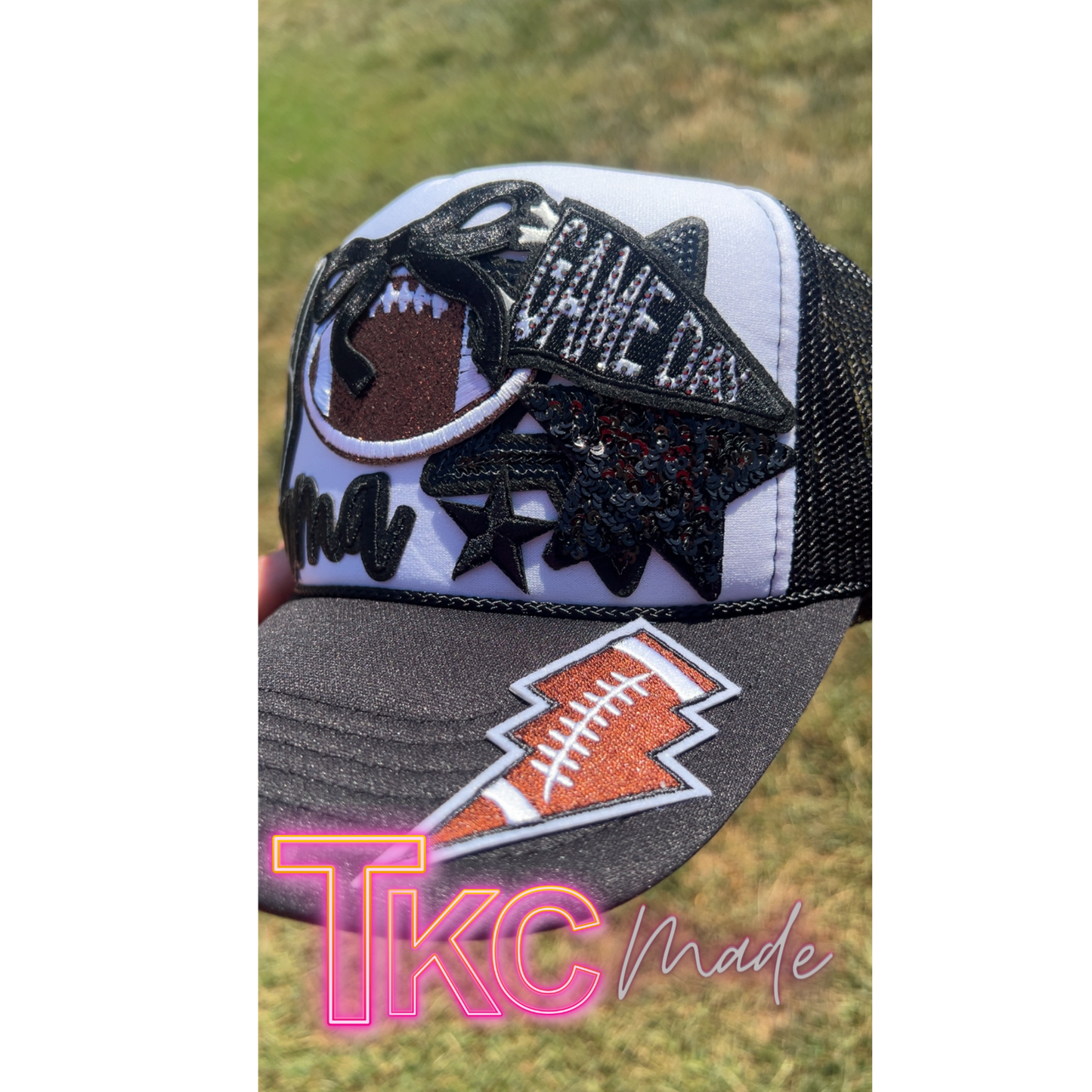 Football Mama black trucker hat custom  player number option bling hat