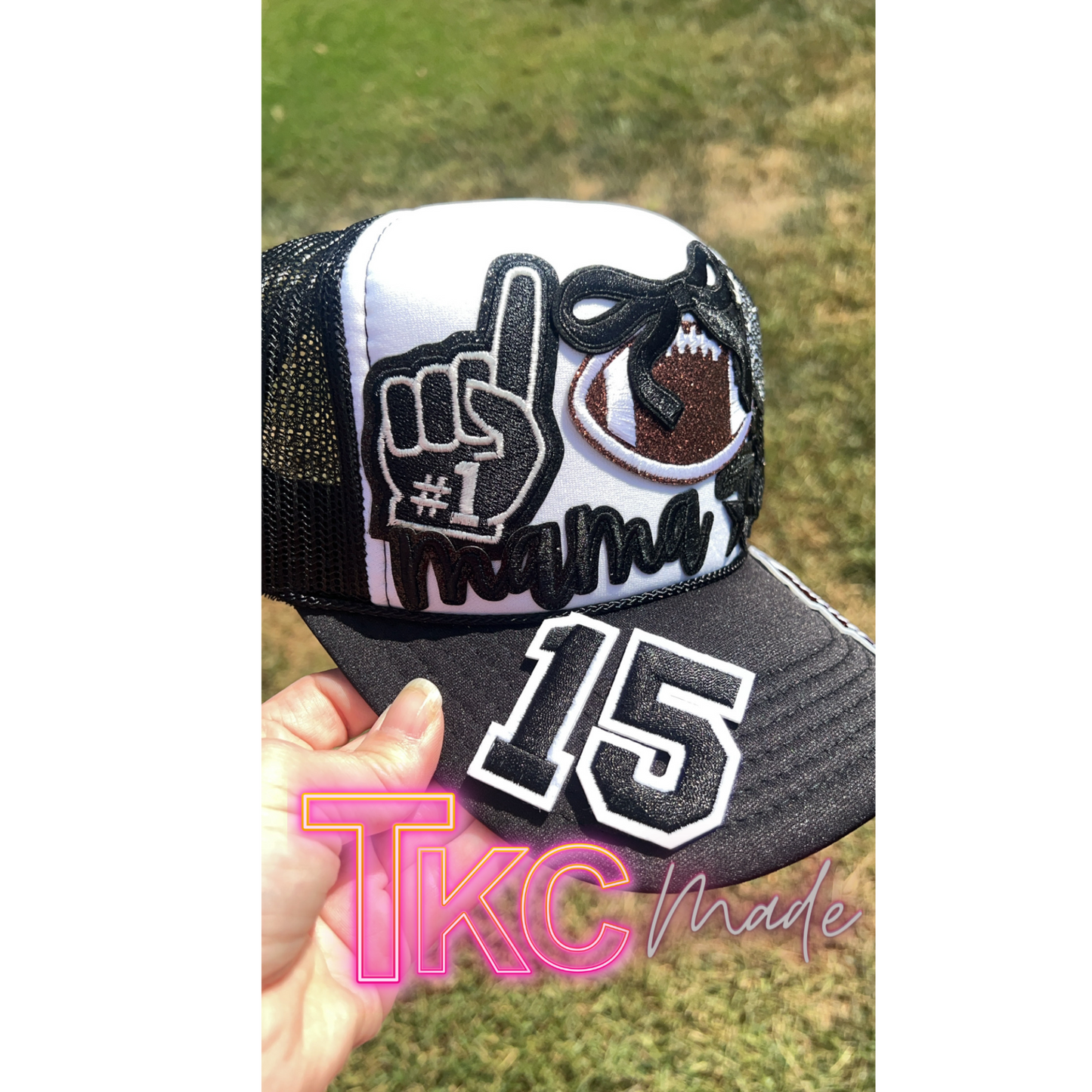 Football Mama black trucker hat custom  player number option bling hat