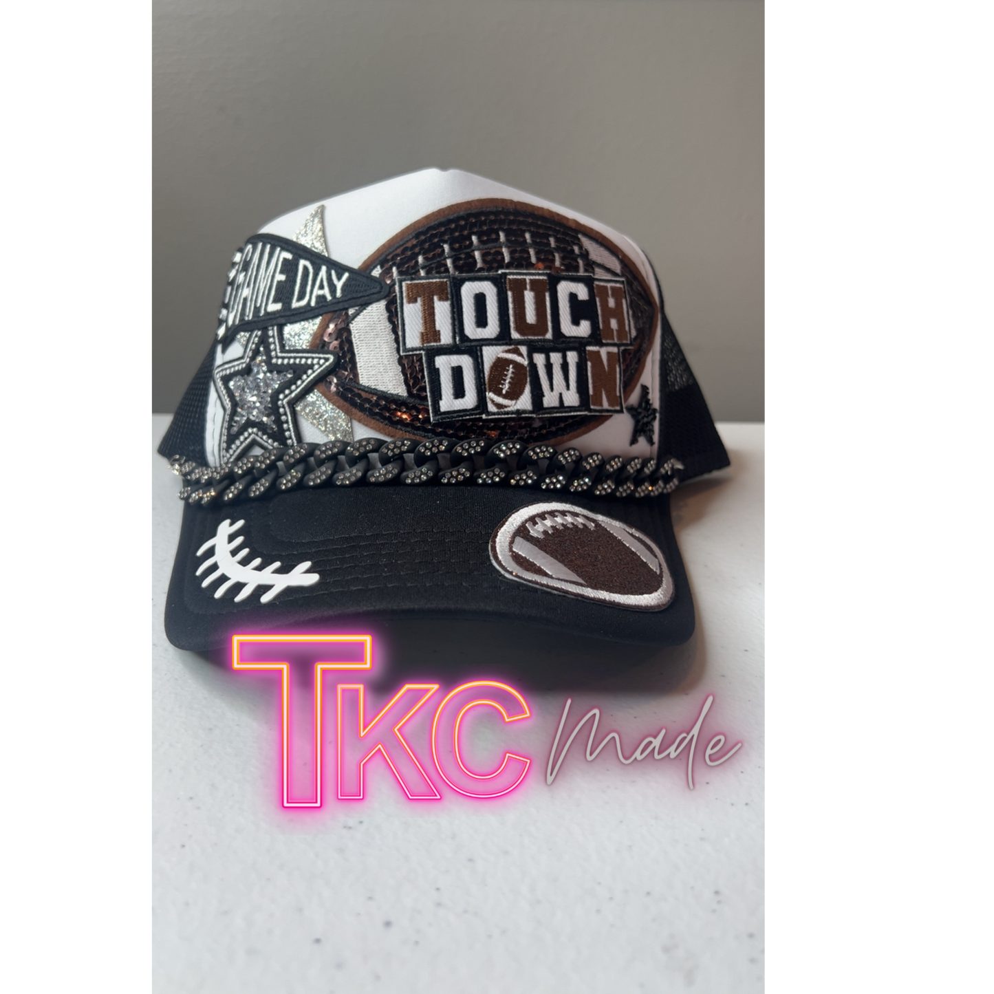 Football trucker hat with bling Touch Down with bling hat chain