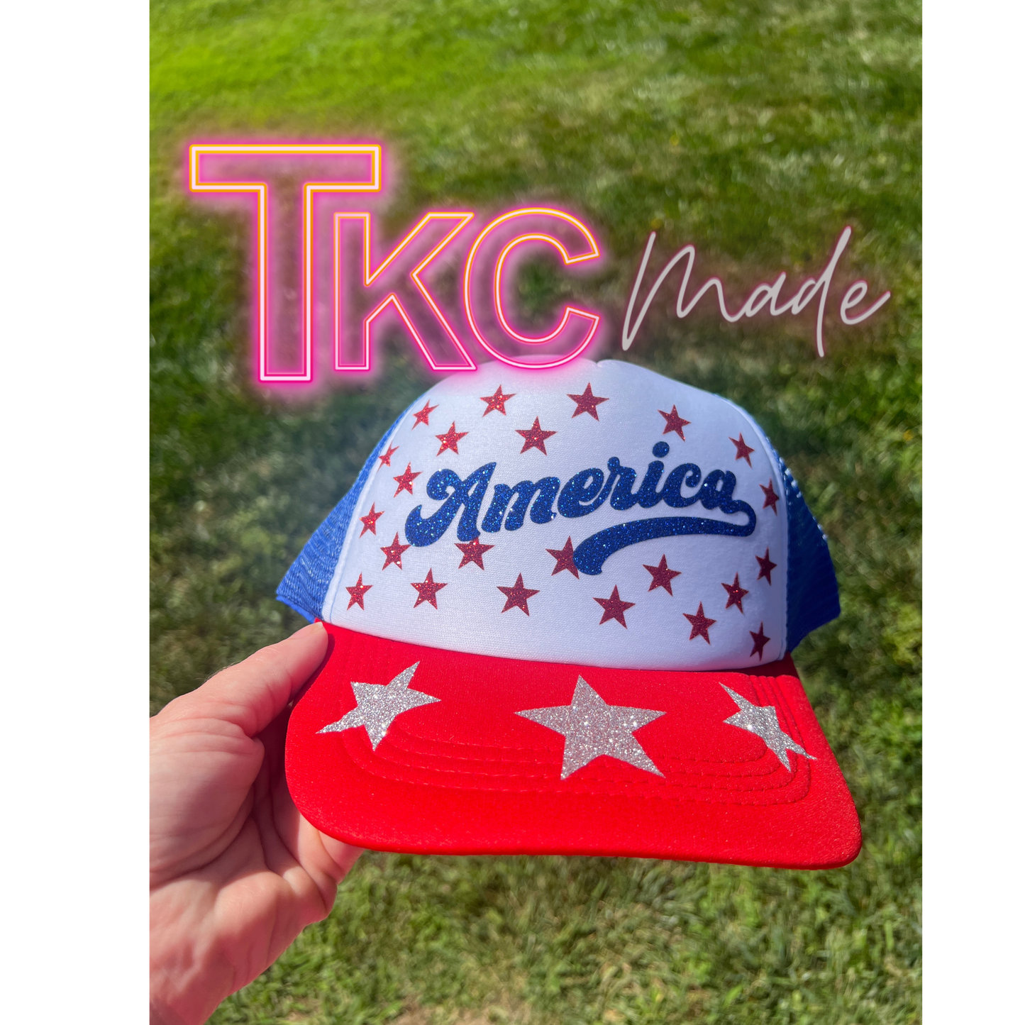 America  star glitter trucker hat- red bill with blue mesh back