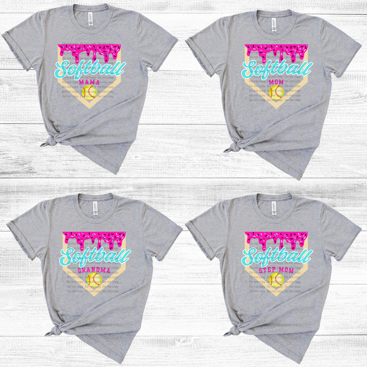 Four gray t-shirts with 'Softball Mom' and 'Softball Grandma' text on a wooden surface.