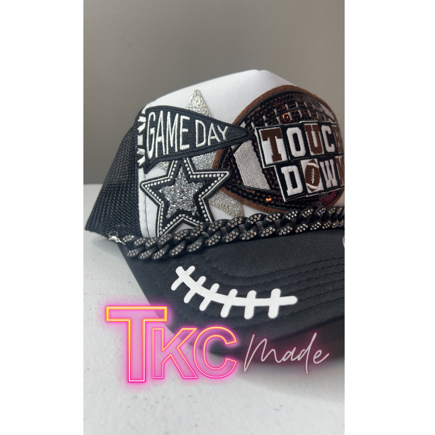 Football trucker hat with bling Touch Down with bling hat chain