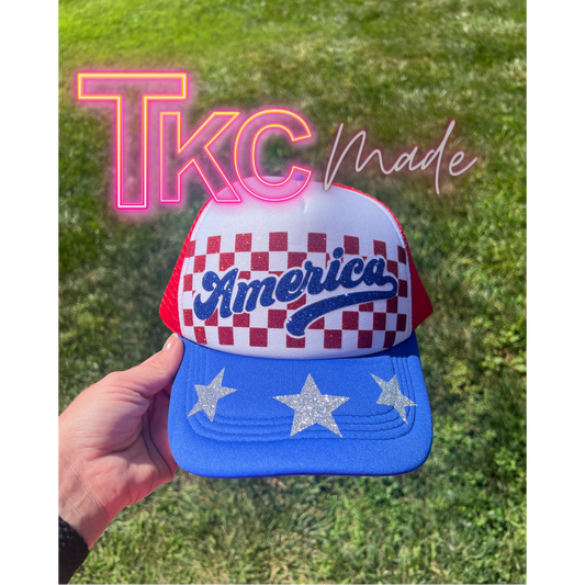 America checkered glitter trucker hat- Blue bill with red mesh back