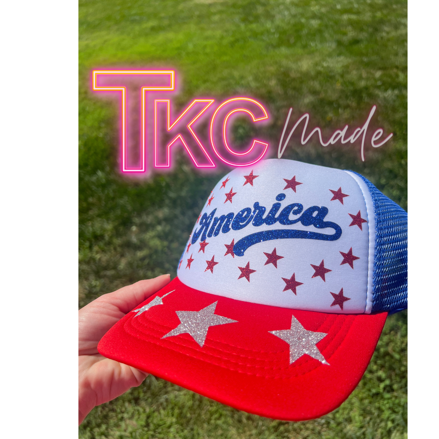 America  star glitter trucker hat- red bill with blue mesh back