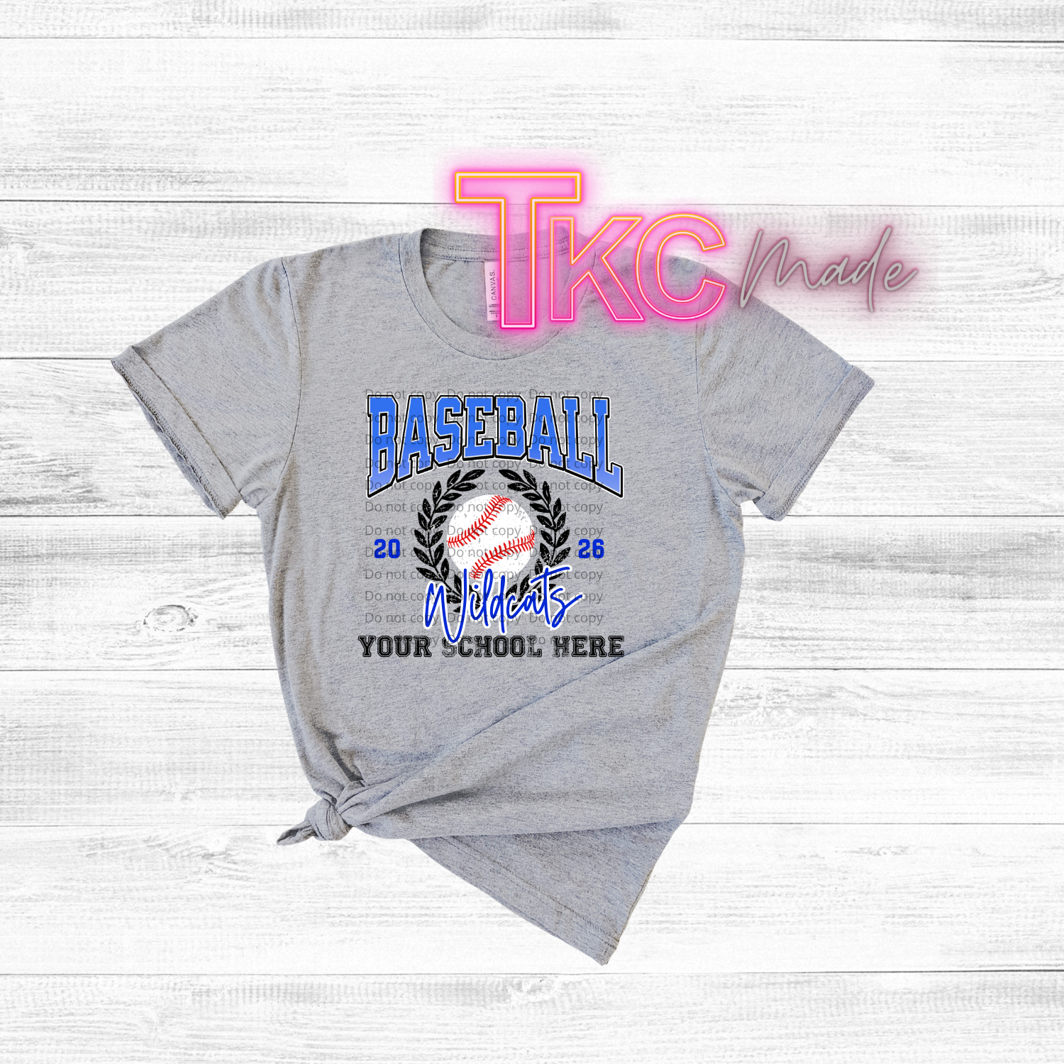 Gray t-shirt with baseball design and 'TKC made' text on a white background