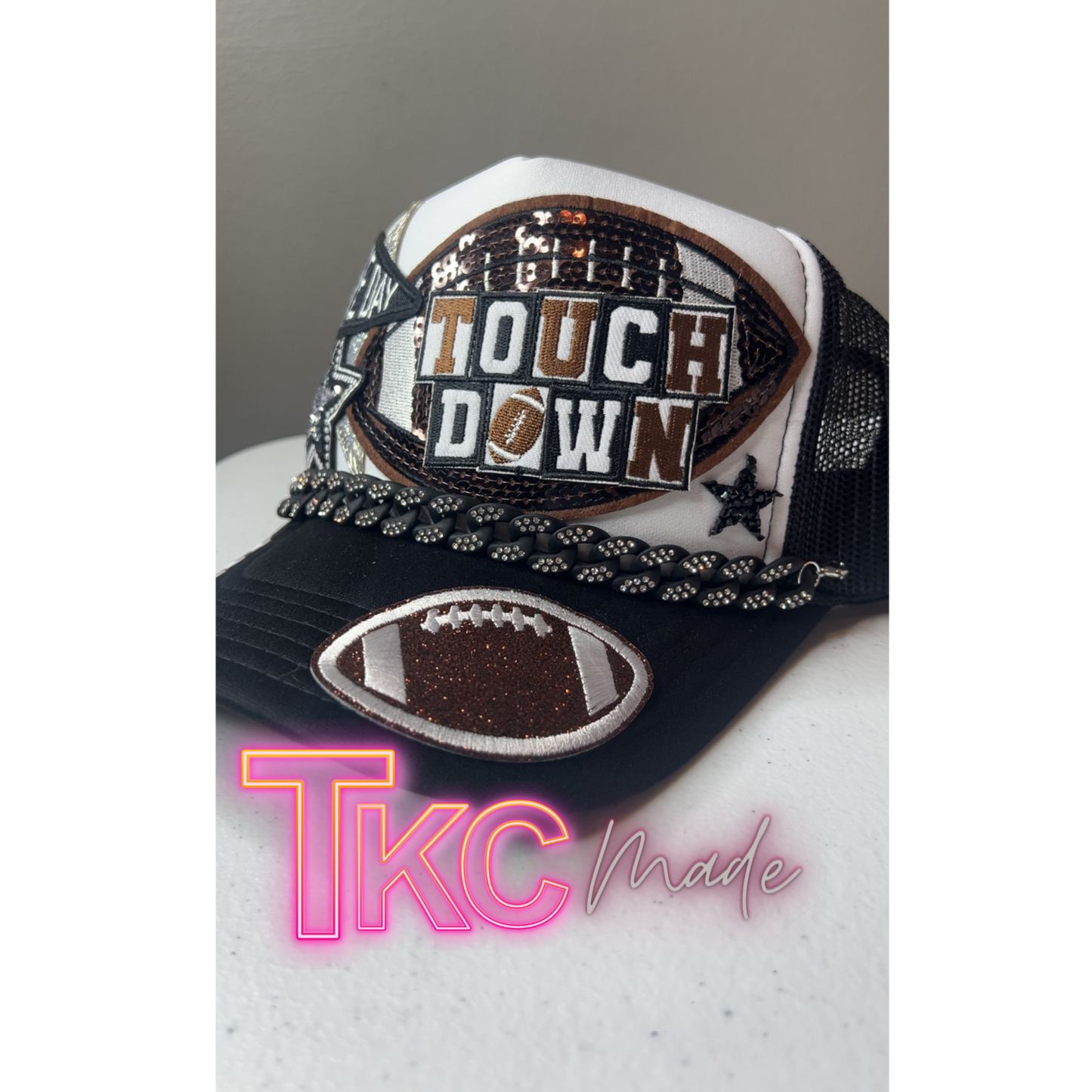 Football trucker hat with bling Touch Down with bling hat chain