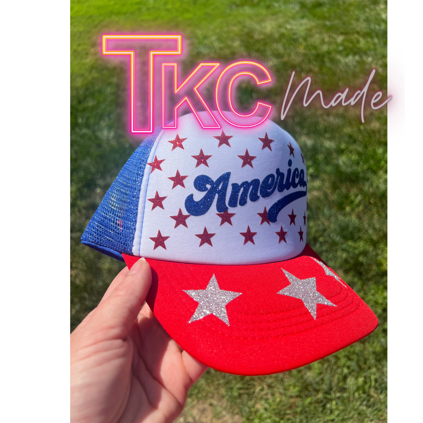 America  star glitter trucker hat- red bill with blue mesh back