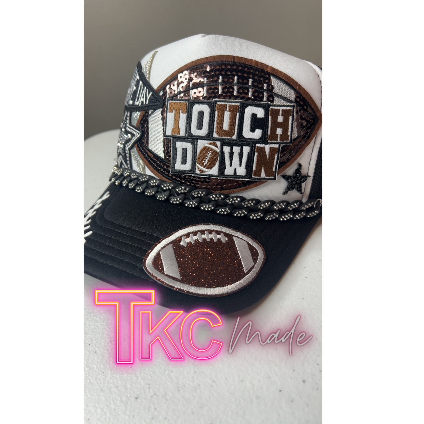 Football trucker hat with bling Touch Down with bling hat chain