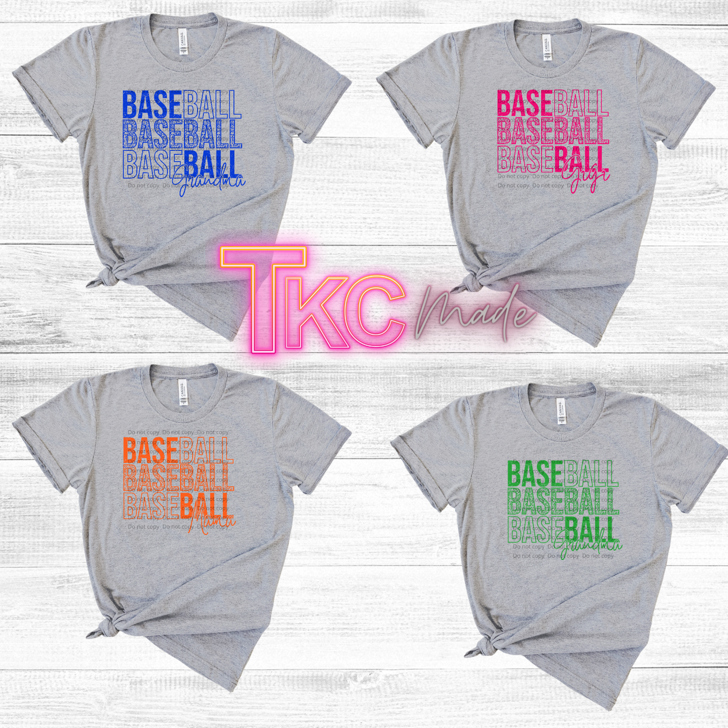 Four gray t-shirts with colorful 'Baseball' text on a white background, featuring the brand 'TKC Made'.