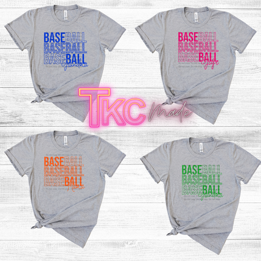 Four gray t-shirts with colorful 'Baseball' text on a white background, featuring the brand 'TKC Made'.