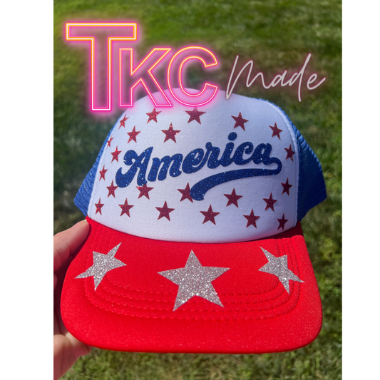 America  star glitter trucker hat- red bill with blue mesh back