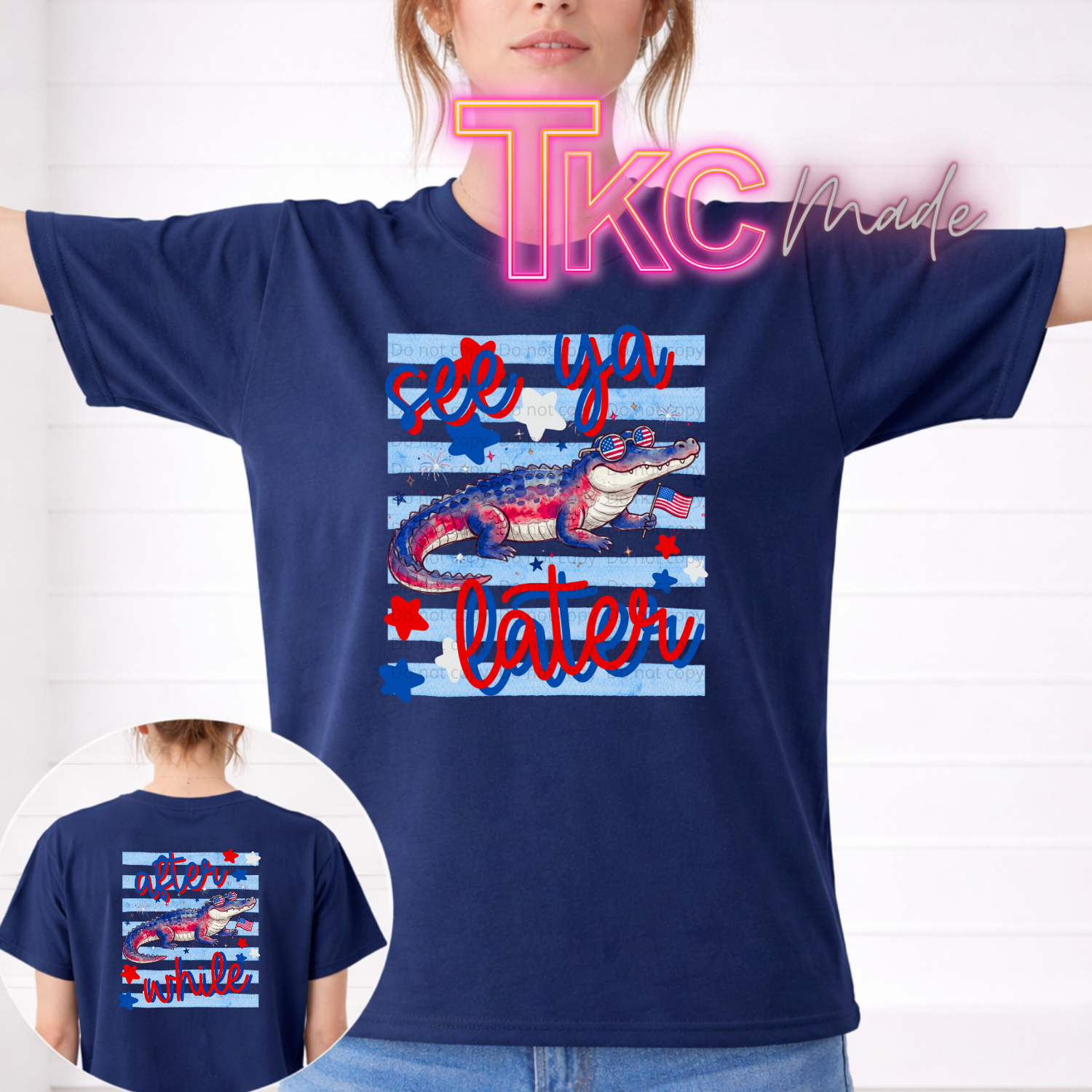Navy blue t-shirt with graphic design  see ya later gator patriotic and text, worn by a person, with a white background.