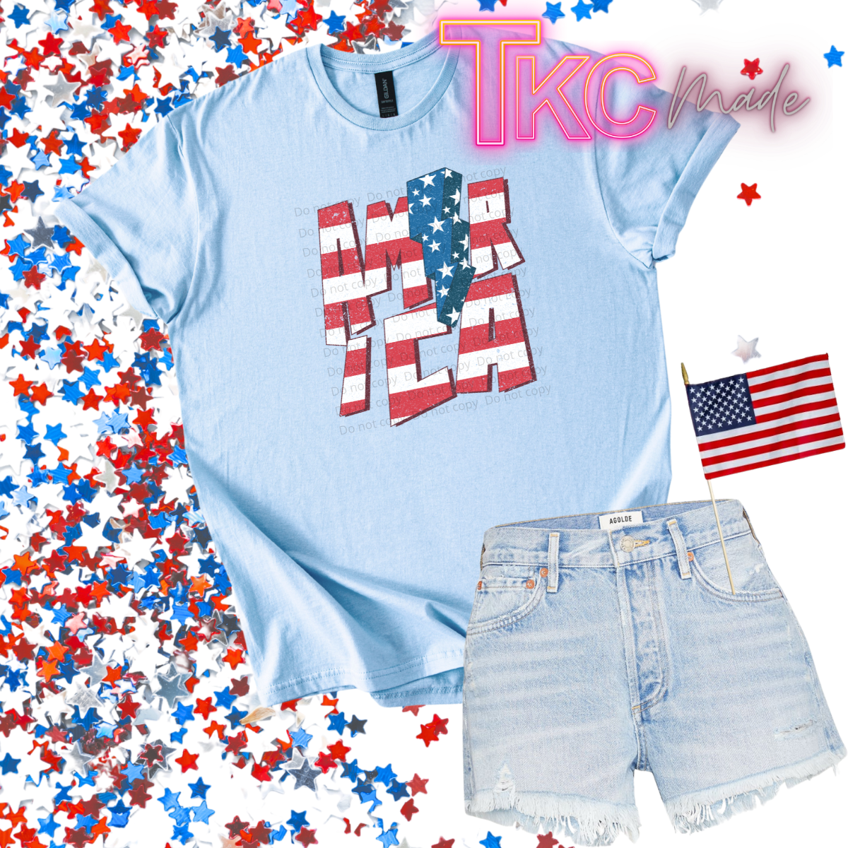 america with lighting bolt design on a light blue tee