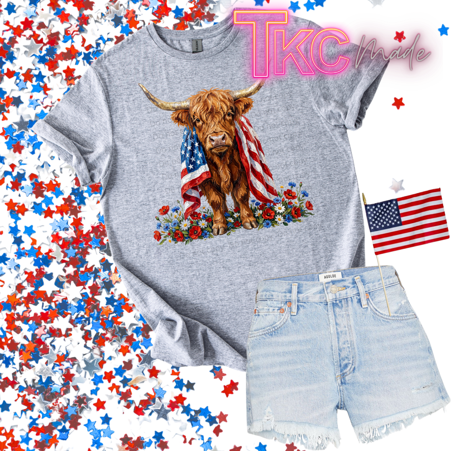 Patriotic Highland cow floral