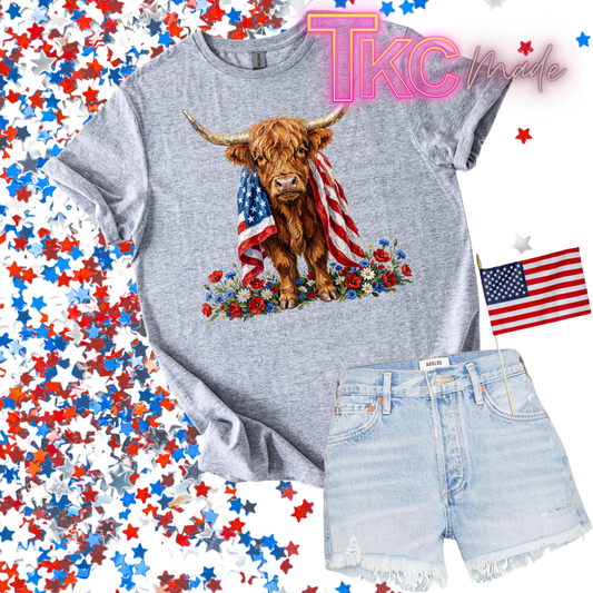 Patriotic Highland cow floral