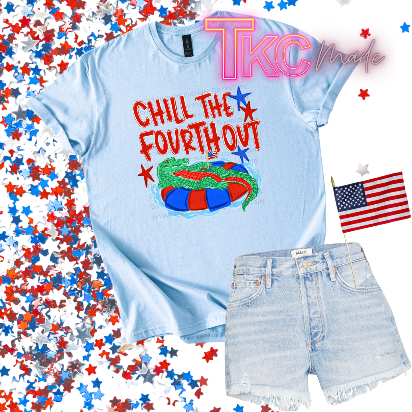 Light blue t-shirt with 'Chill the Fourth Out' graphic and denim shorts on a background with red, white, and blue stars.