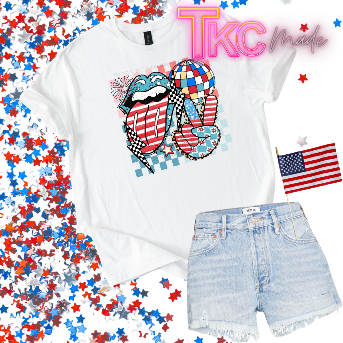 retro checkered lips lighting bolt peace patriotic design 