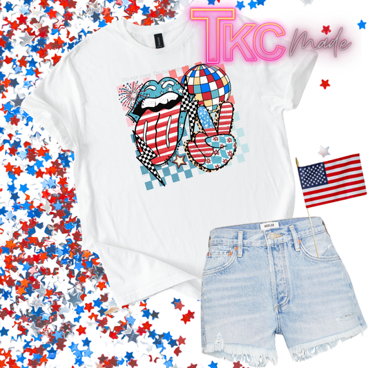 retro checkered lips lighting bolt peace patriotic design 