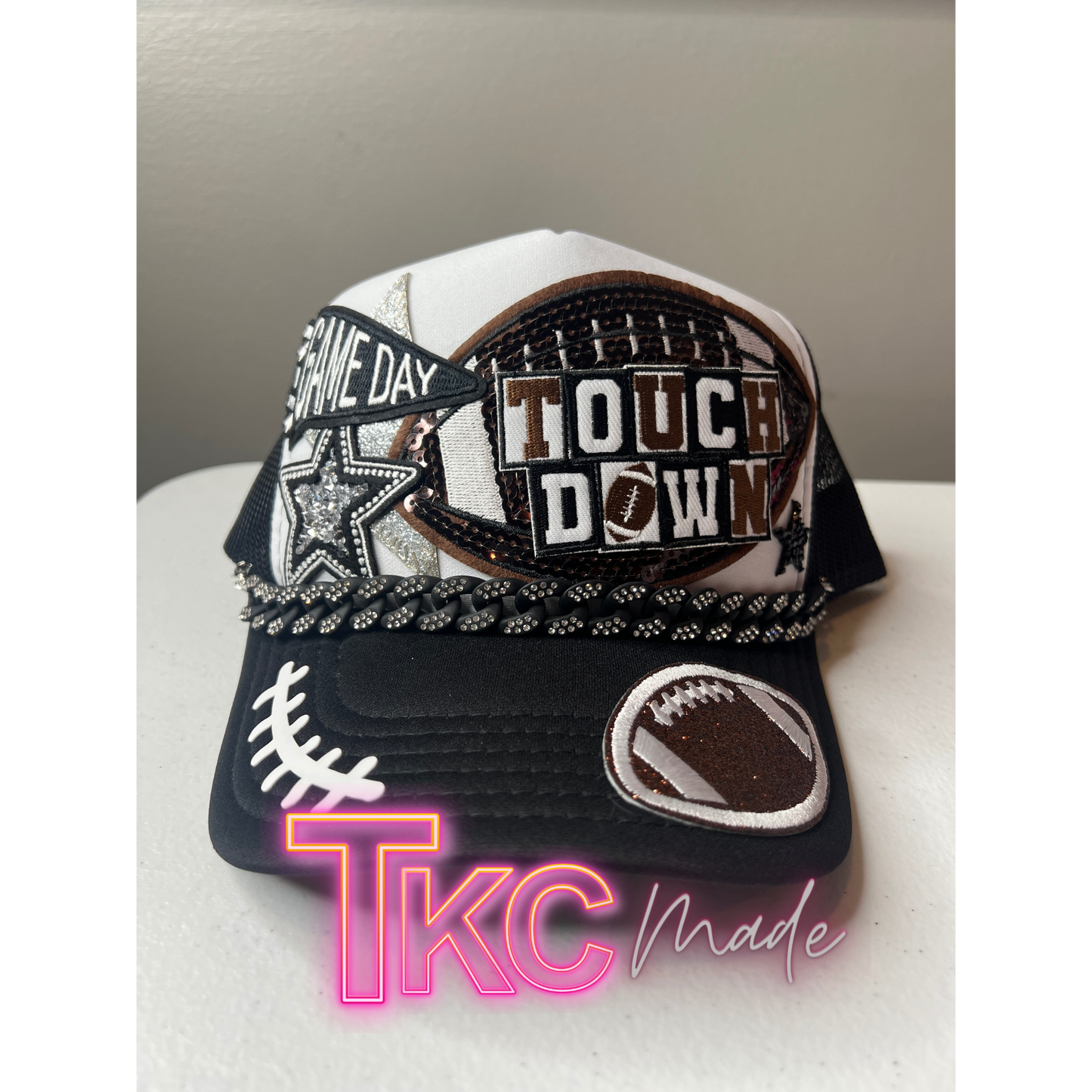 Football trucker hat with bling Touch Down with bling hat chain